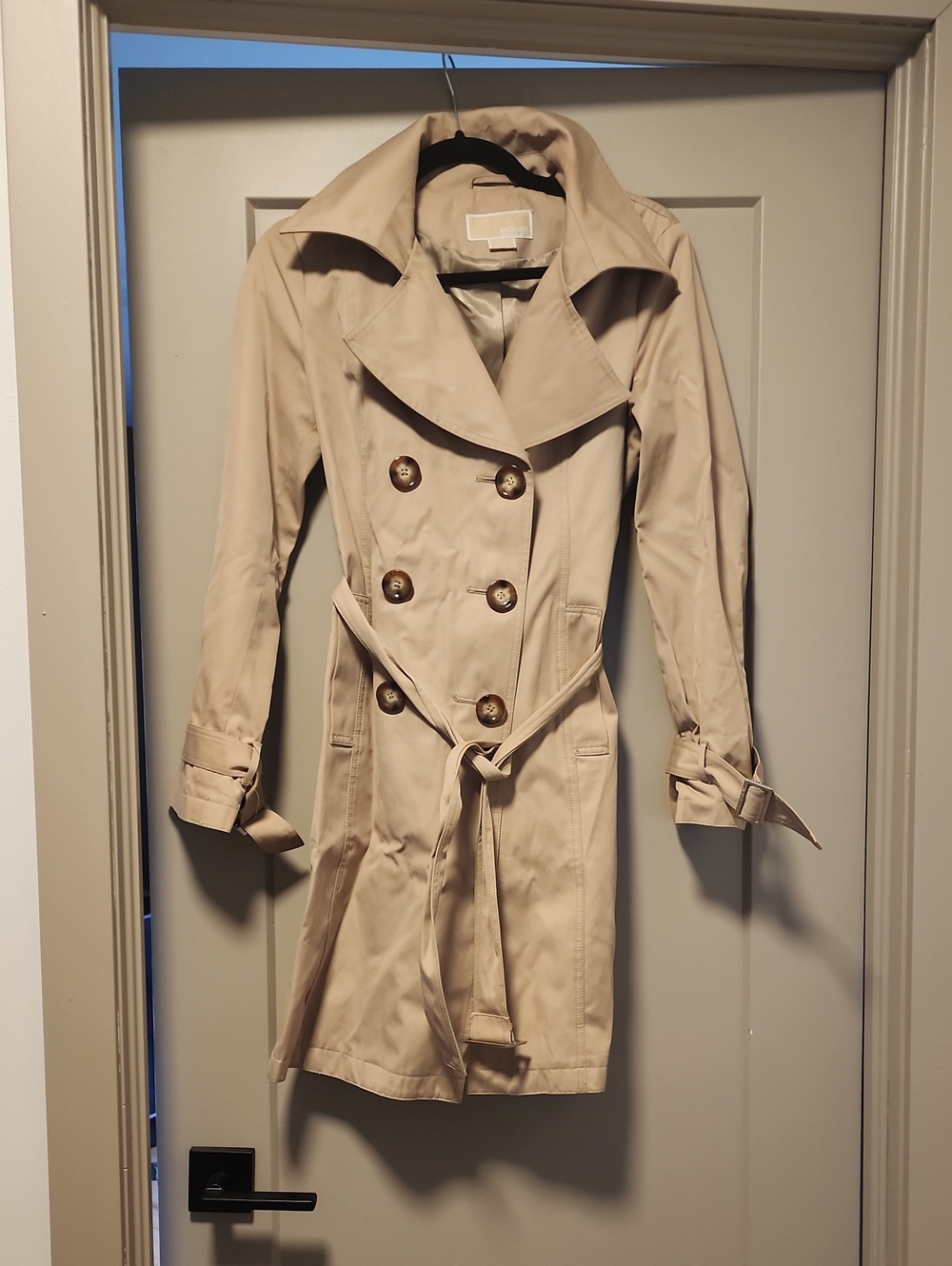 Michael Kors Beige Double-Breasted Trench Coat with Waist Tie